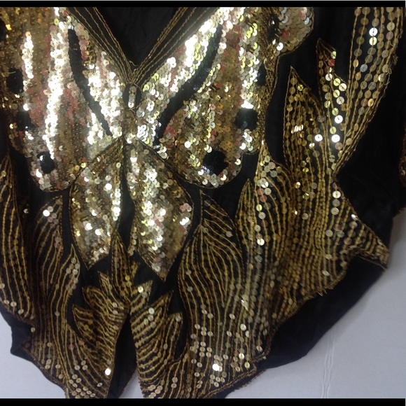Vintage Butterfly Sequin Top Black Gold Silk Top - Picture 3 of 4